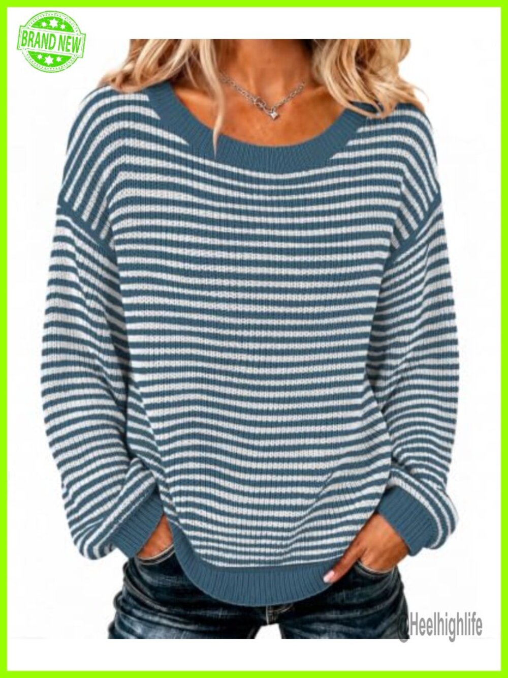 Womens Oversized Striped Pullover Sweater Soft Knit Long Sleeve Off Shoulder